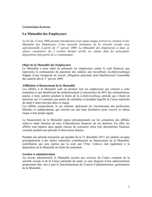 Communiqué de presse : Constitution de la Mutualité des Employeurs